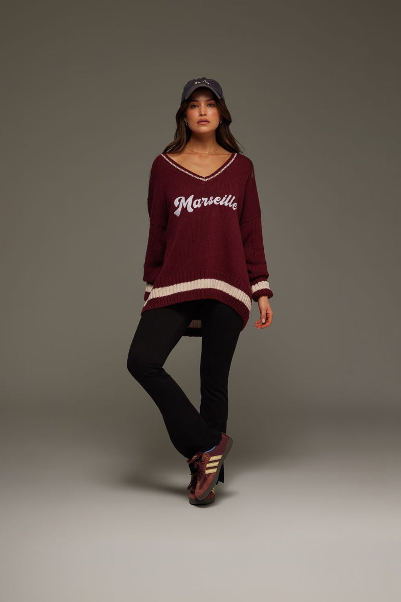 Marseille Knit V-Neck Sweater Red Wine