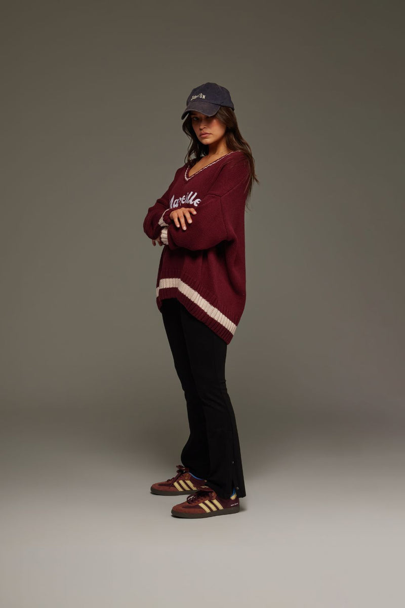 Marseille Knit V-Neck Sweater Red Wine