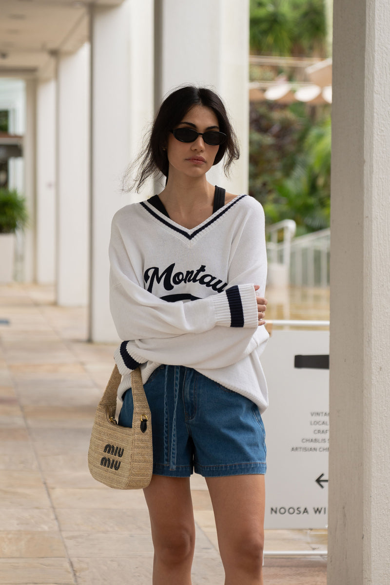 Montauk V-Neck Knit Sweater White