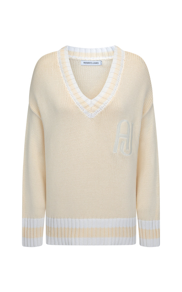 AJ V-Neck Knit Sweater Lemon Cream
